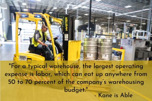 Warehouse automation stats: Labor comprises 50% to 70% of a company's warehousing budget. According to Kane is Able, labor comprises the largest portion of a  warehouse's total operating budget, making finding the right people and optimizing warehouse productivity priorities for most warehouses.